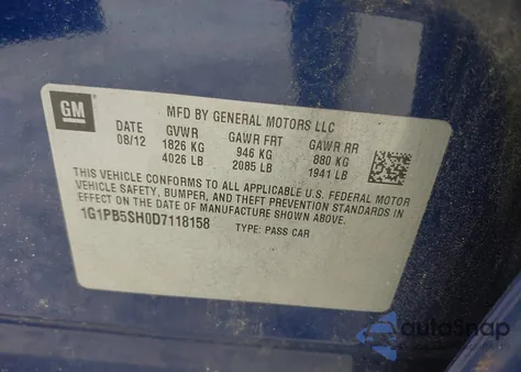 2013 Chevrolet Cruze Ls Manual из США, поврежденный, VIN 1G1PB5SH0D7118158